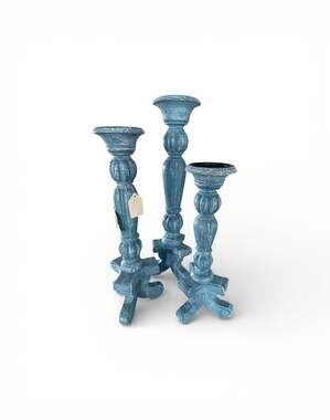 Deco 79 Distressed Blue Mango Wood Pillar Candle Holders - Set of 3